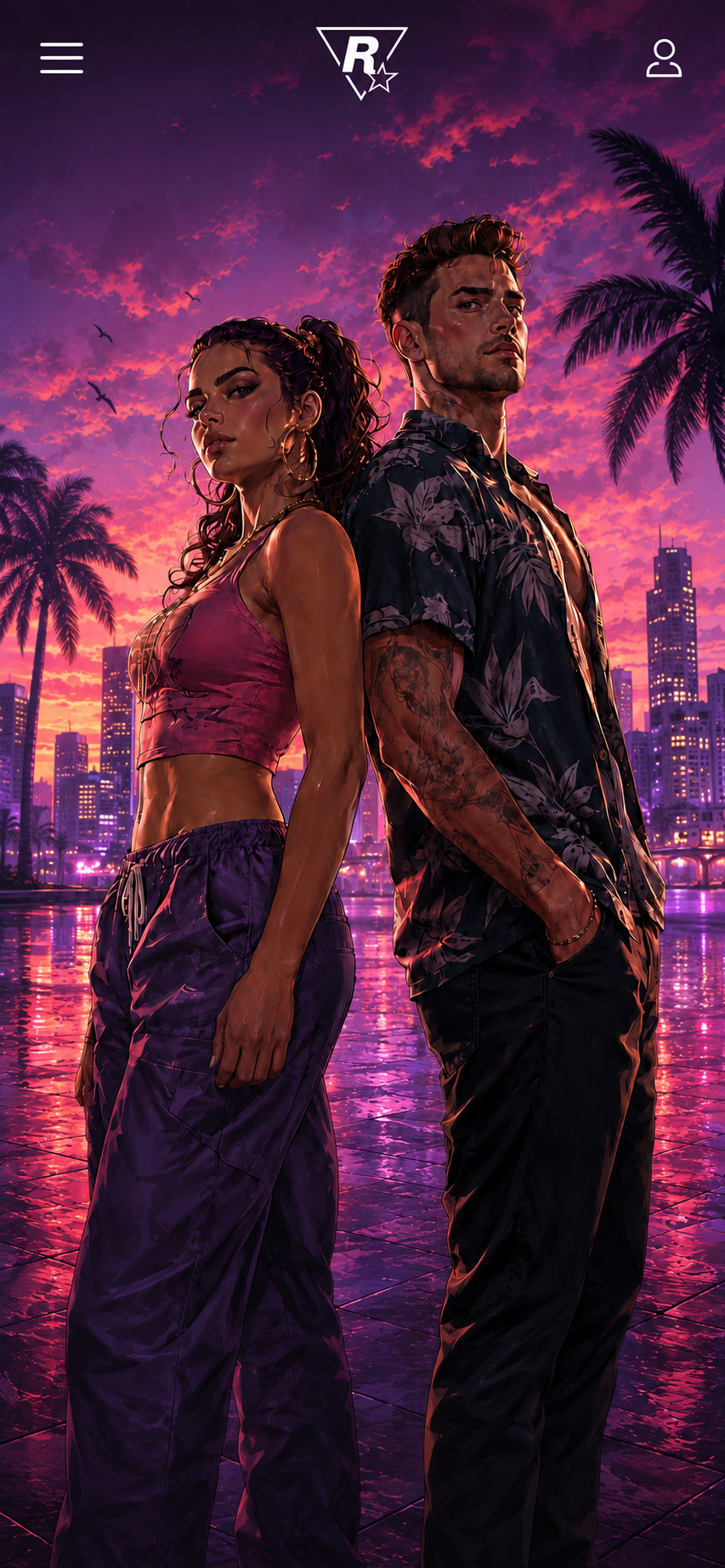 A couple standing in neon-lit Vice City at sunset